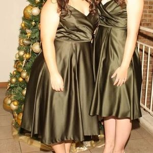 Olive mid length bridesmaid dress with sweetheart neckline. Size 14.